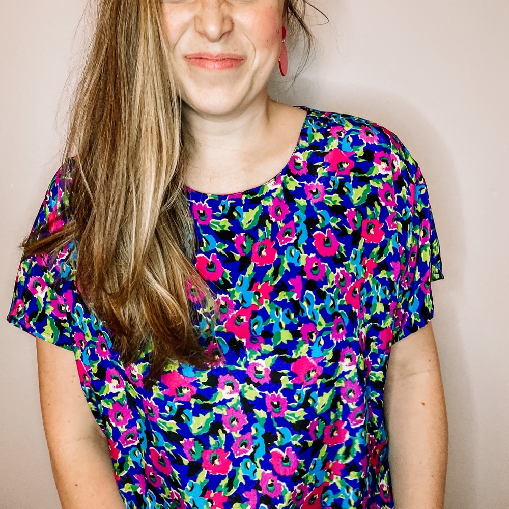 Vintage 80s 90s Floral Print Polyester Blouse